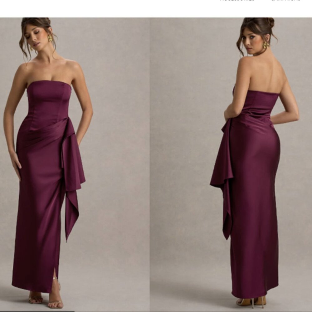 *NWT* Club L - Loz Burgundy Satin Bandeau Draped Maxi Dress Size 12